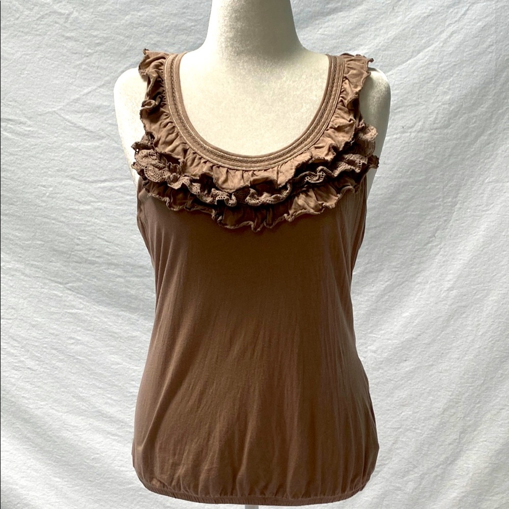 Anthropologie Ruffled Brown Racerback Top by Ric Rac - vintage, rare